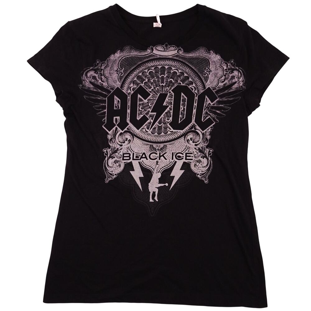 2008 AC/DC Black Ice Concert t-shirt Womens JR SIZE LARGE Tour Tee Y2K Fitted L